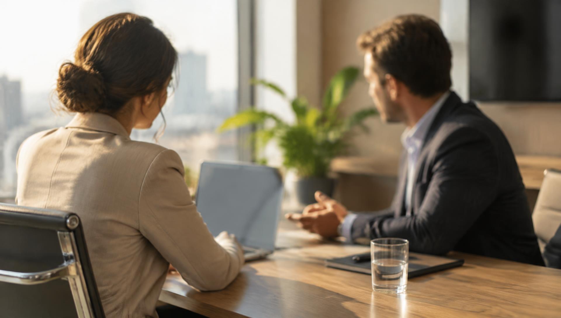Two business professionals talking over a laptop in a meeting room