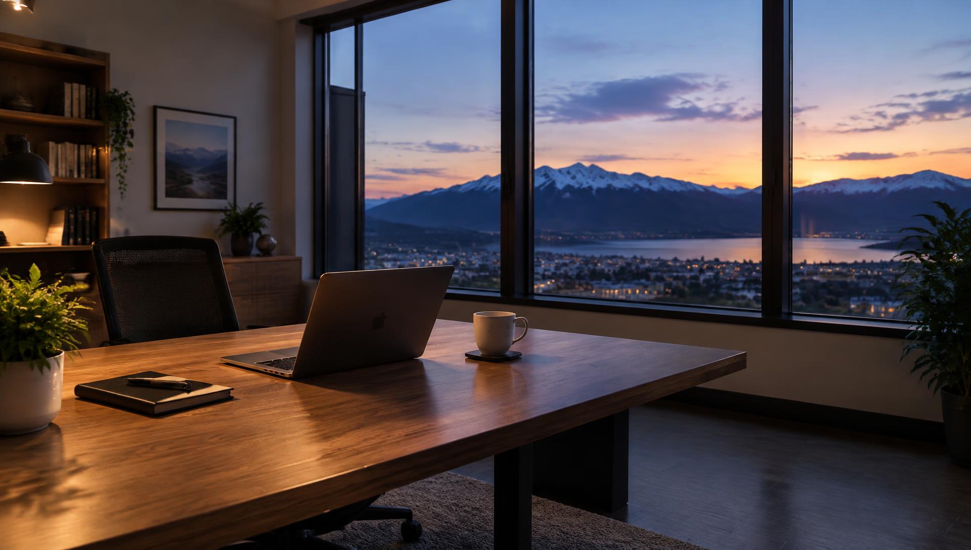 Quiet office workspace at dusk with a mountain view
