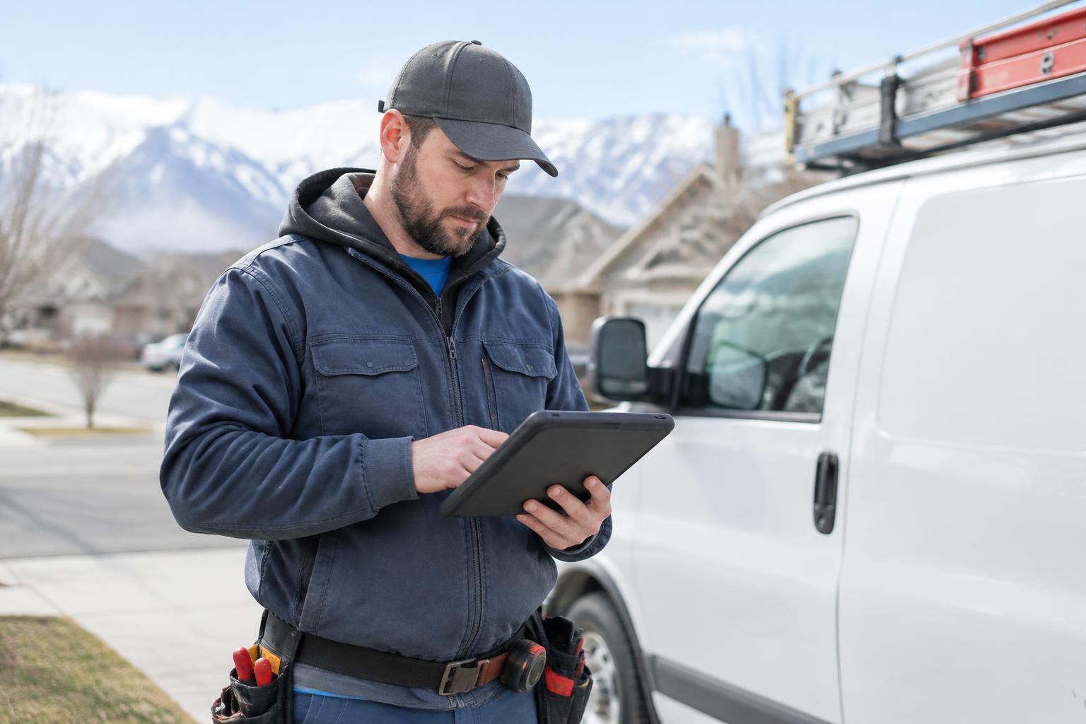 Home service contractor reviewing invoices on a tablet beside a work van