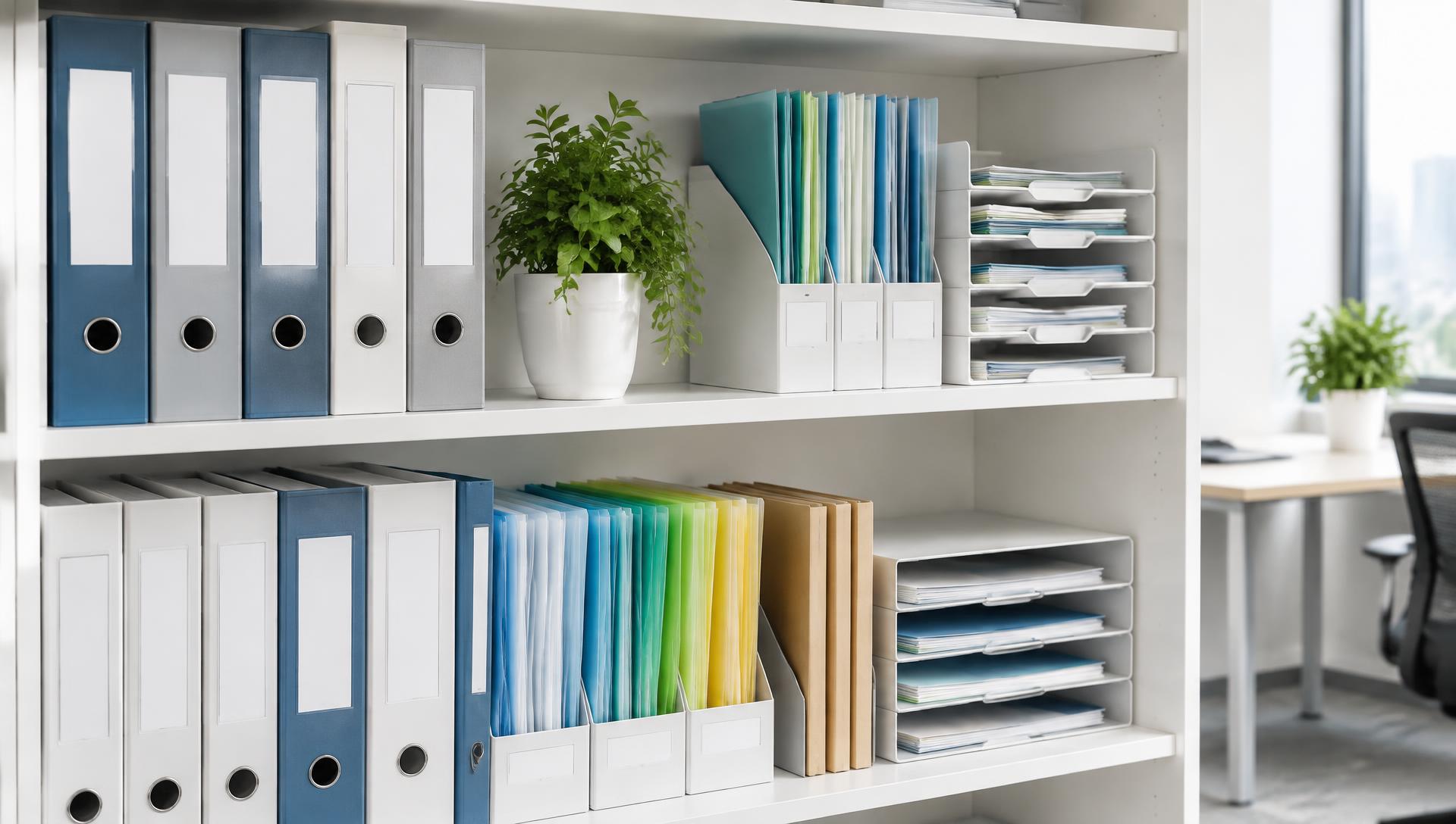 Neatly labeled binders and folders on a shelf in a bright office