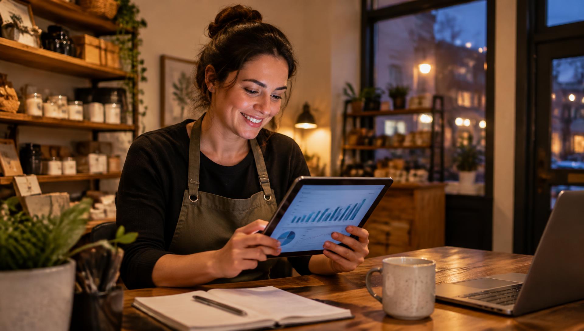 Small business owner reviewing financial charts on a tablet in her shop