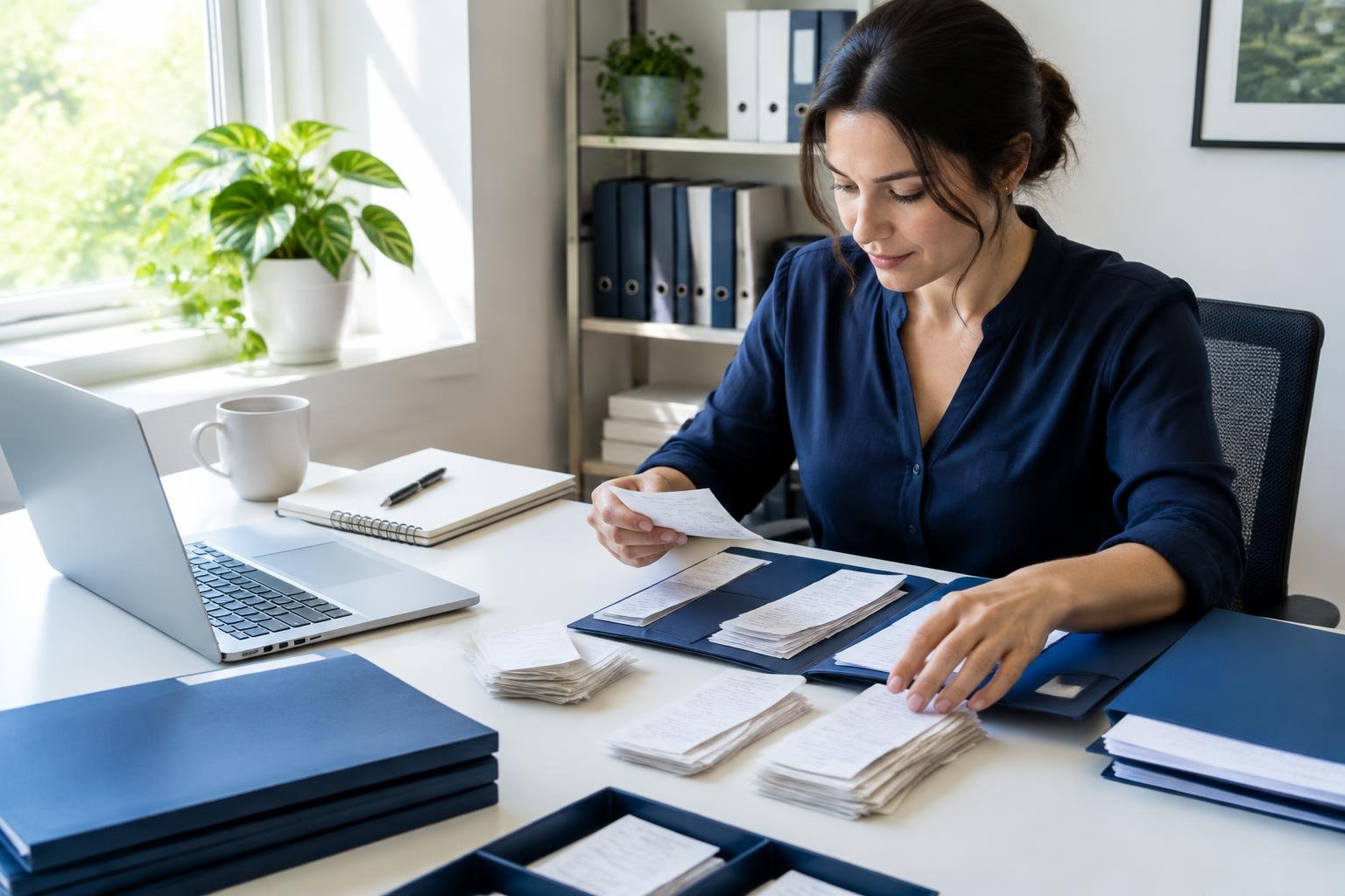 Bookkeeper organizing receipts and financial folders before tax season